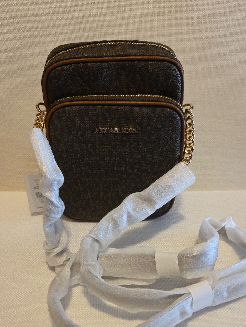 NWT Michael Kors Brown Jet Set Travel Chain & Leather Crossbody Strap